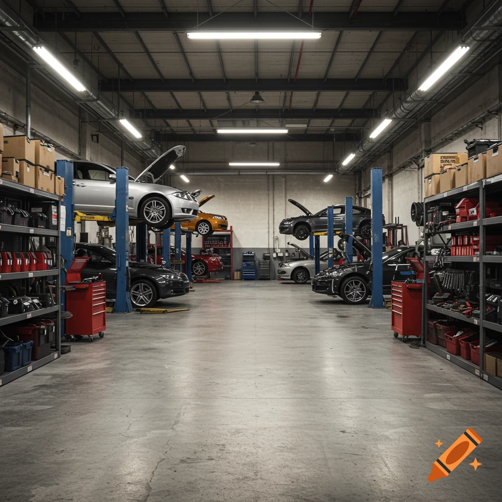 Realistic photo of a car repair workshop with cars on lifts and shelves of tools.