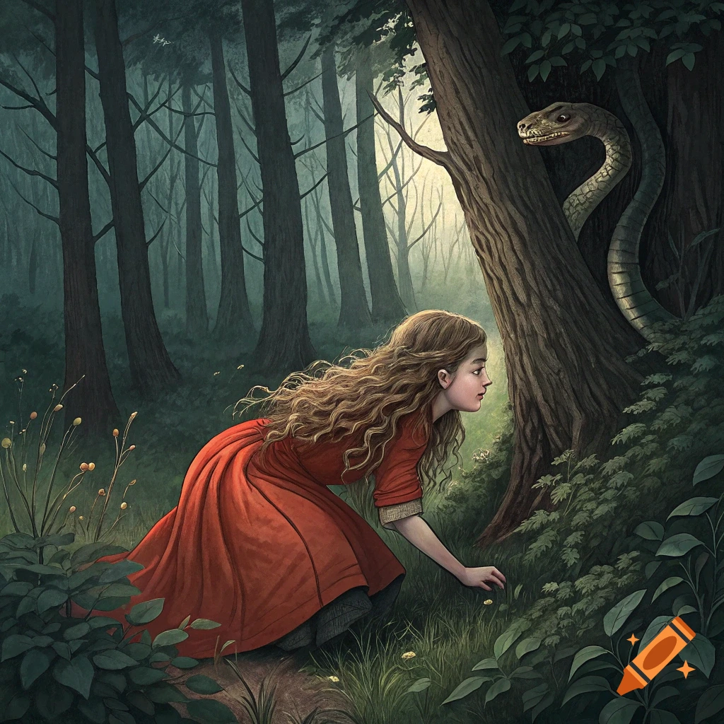 Girl in red dress encounters a large snake in a forest.