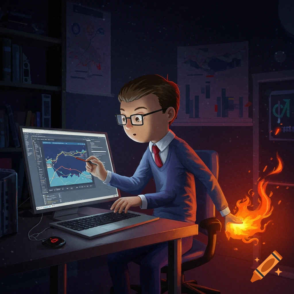 Illustration of a person with fire on their hand working on charts on a computer in a dark office.