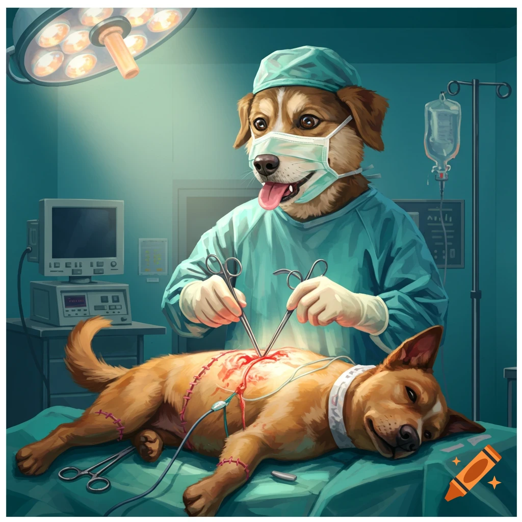 A dog wearing a surgical mask and cap performs surgery on another dog on an operating table.
