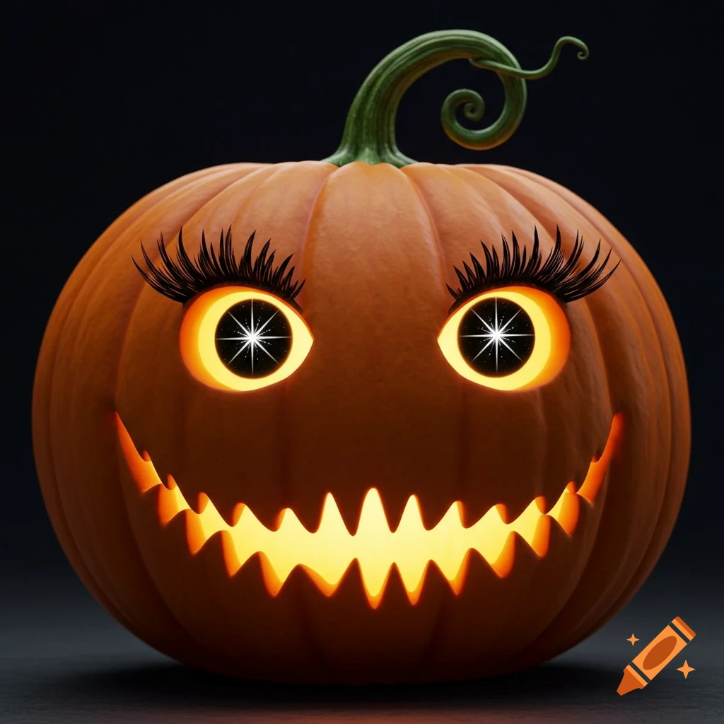 A Halloween jack-o'-lantern with long eyelashes, sparkly eyes, and a jagged mouth.