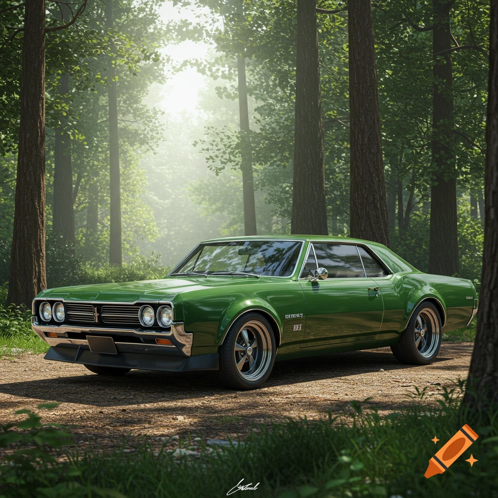 A photorealistic image of a green classic car parked on a dirt path in a sunlit forest.