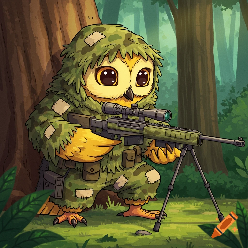 A cartoon owl in a ghillie suit kneels behind a tree in a forest, holding a sniper rifle.
