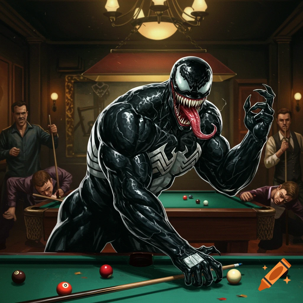 Venom playing billiards in a pool hall