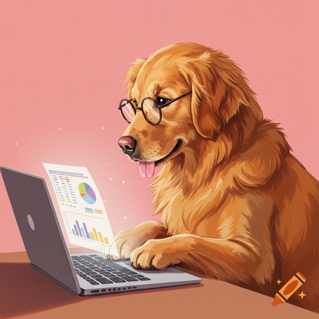 A golden retriever dog wearing glasses is working on a laptop displaying charts.
