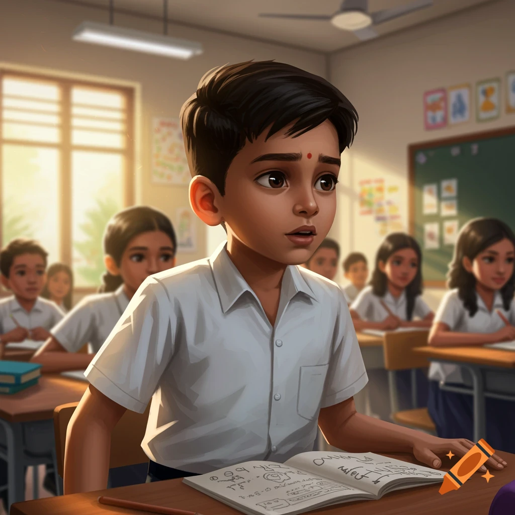 Illustrative scene of a young Indian boy listening intently in a classroom with other students.