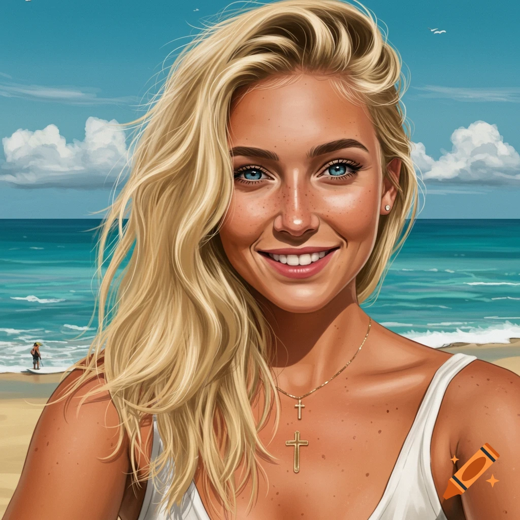 A blonde woman smiles at the beach