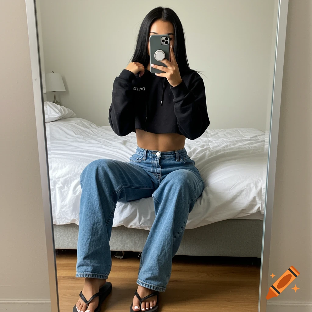 A woman takes a mirror selfie on a bed in a modern bedroom, wearing a black cropped hoodie and baggy jeans.