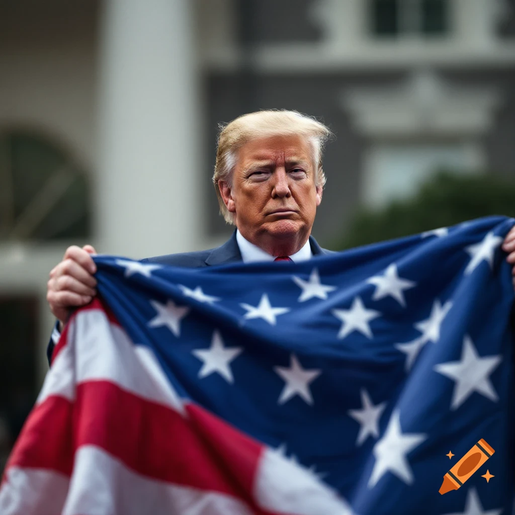 A man resembling Donald Trump holds an American flag in front of a building.