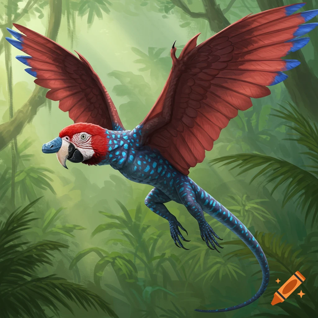 A hybrid macaw and lizard creature flying through a jungle.