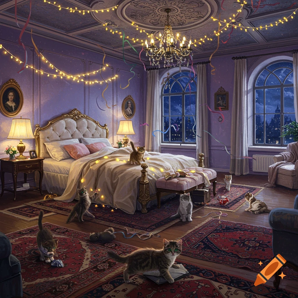 A cozy bedroom with fairy lights, streamers, and multiple cats playing among the decorations.