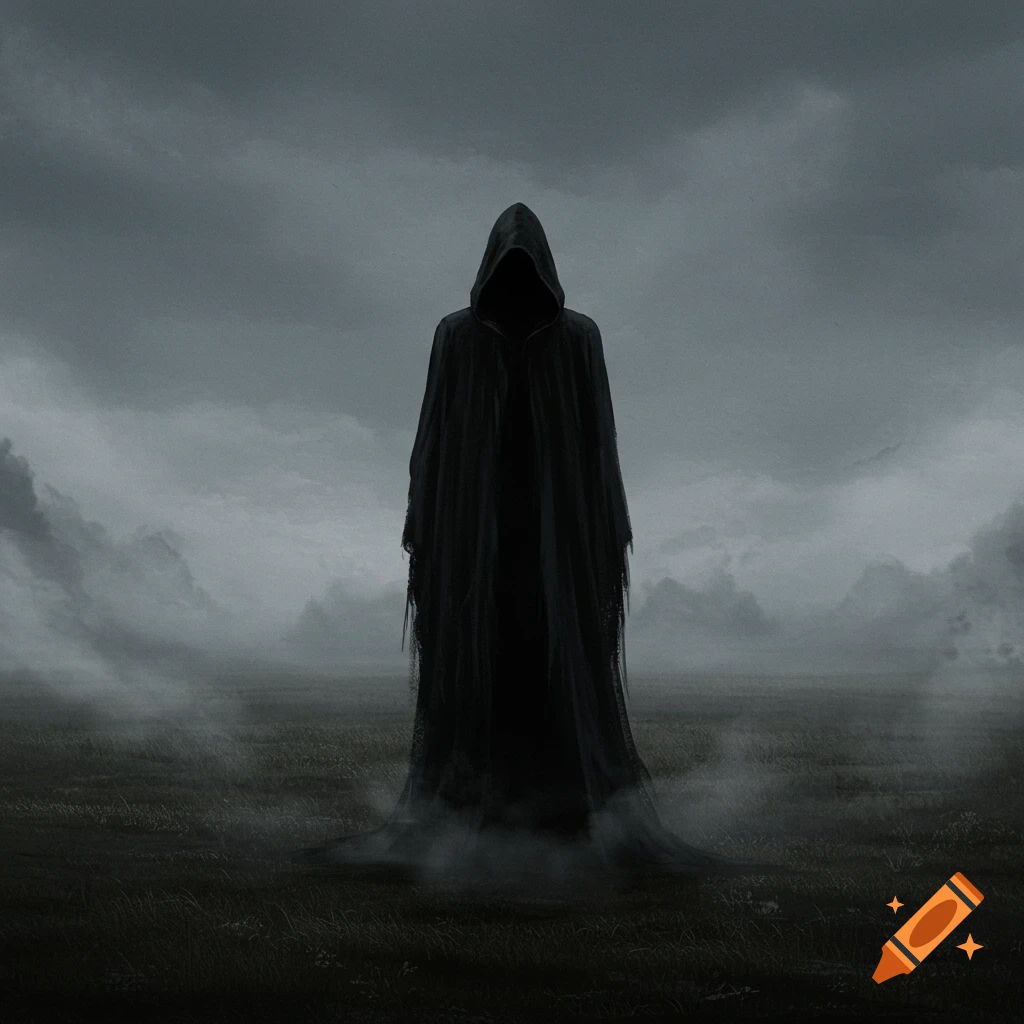 A dark cloaked figure stands in a misty, desolate field under a gray sky.
