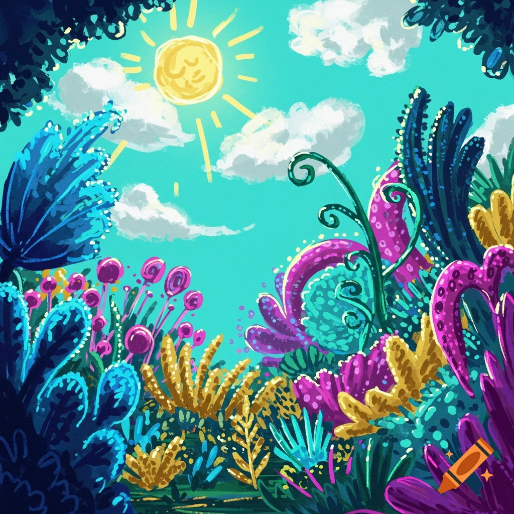 A colorful, abstract fantasy garden scene with strange plants, sun, and clouds.
