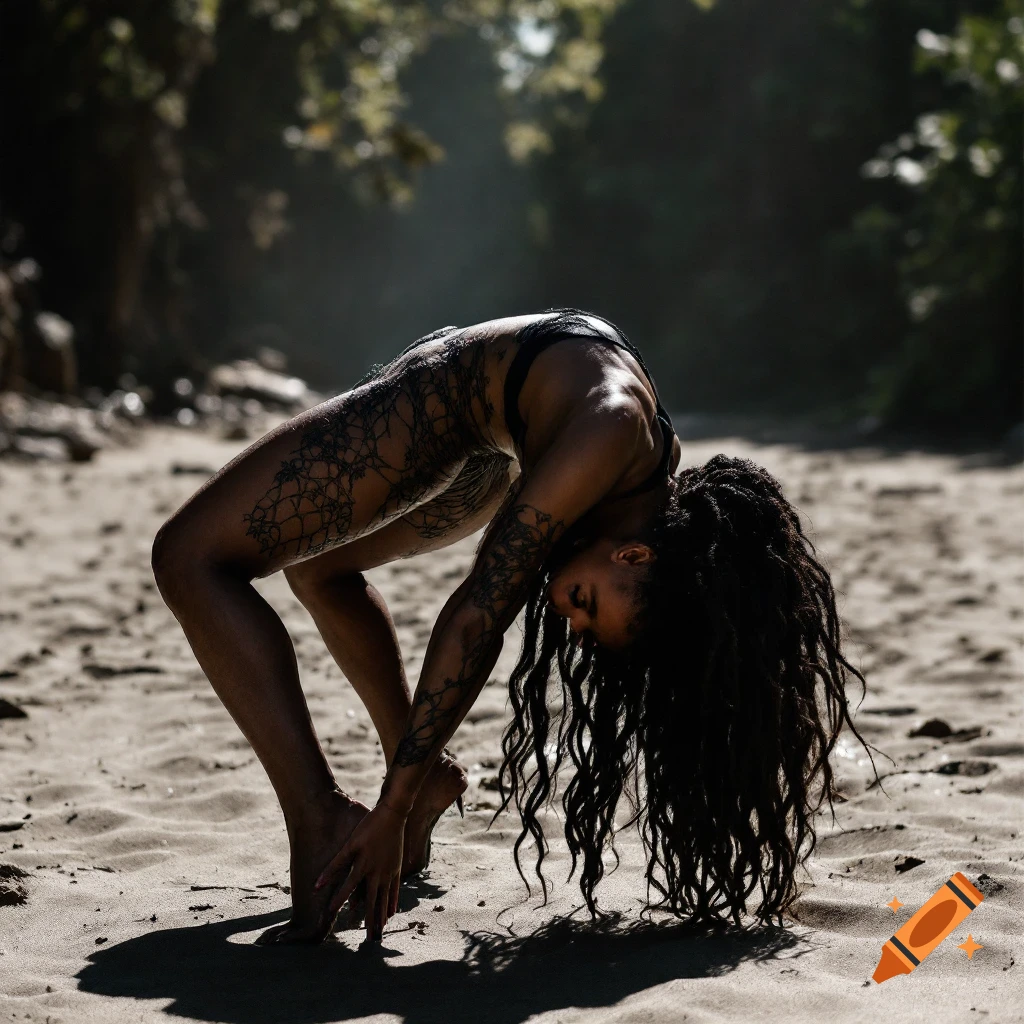 A woman with dreadlocks and body paint does a backbend on a sandy beach.