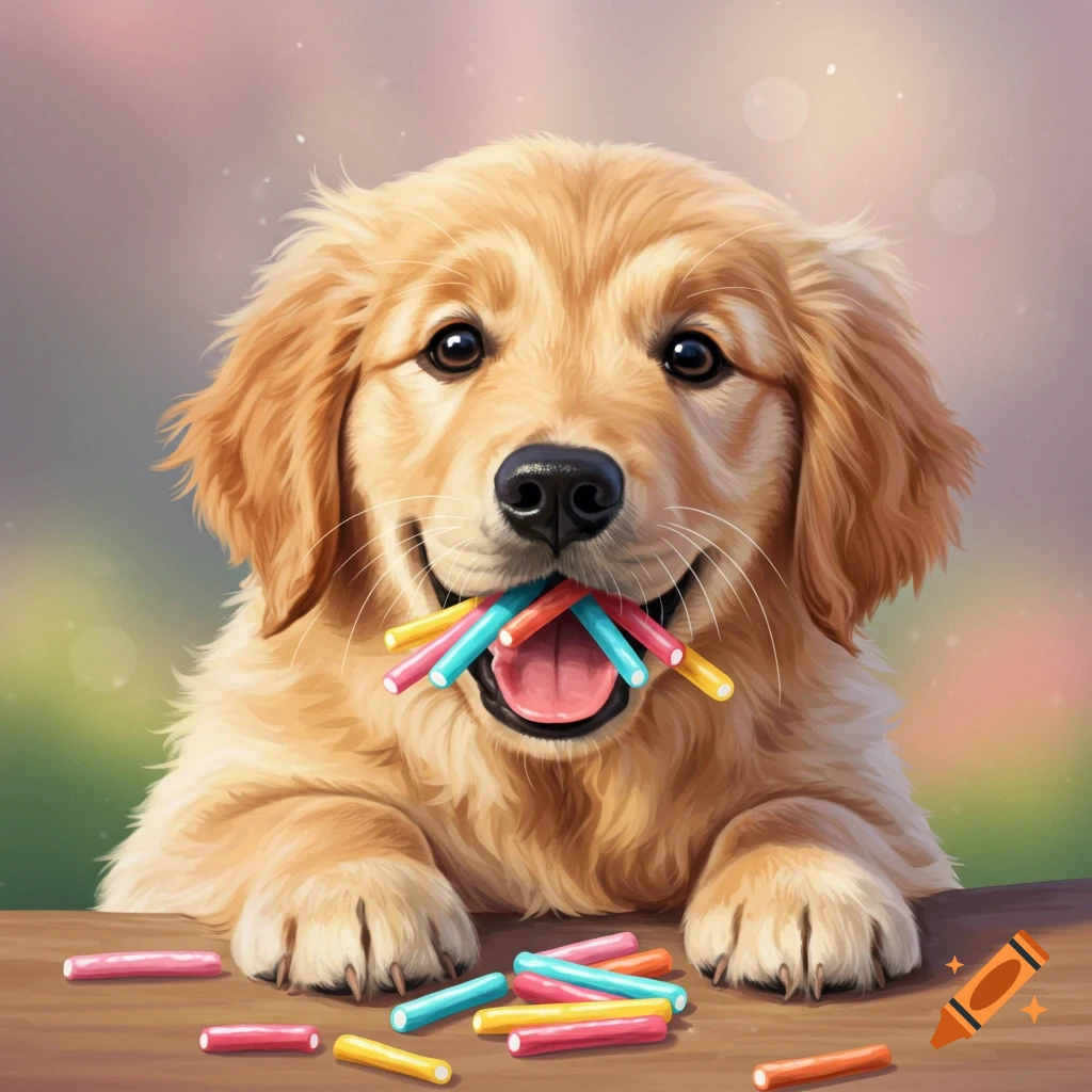 A golden retriever puppy with colorful candy sticks in its mouth.