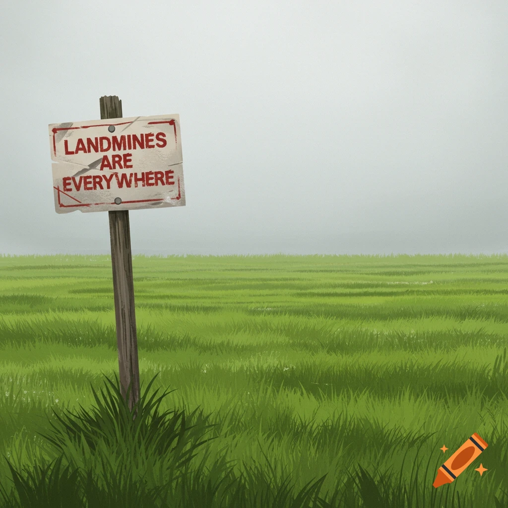 A sign in a grassy field that reads 'LANDMINES ARE EVERYWHERE'