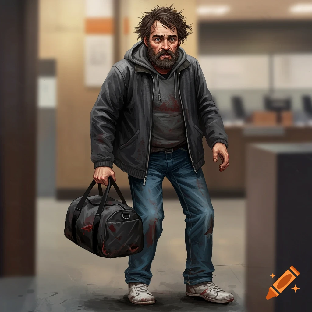 A scruffy man covered in bloodstains, holding a bag in a bank interior. Comic art style.