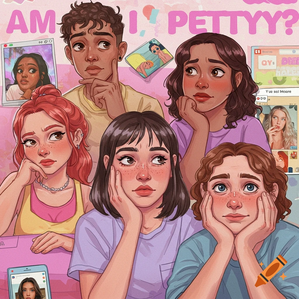 A diverse group of young people appear pensive, surrounded by screens displaying the text 'AM I PETTYY?'