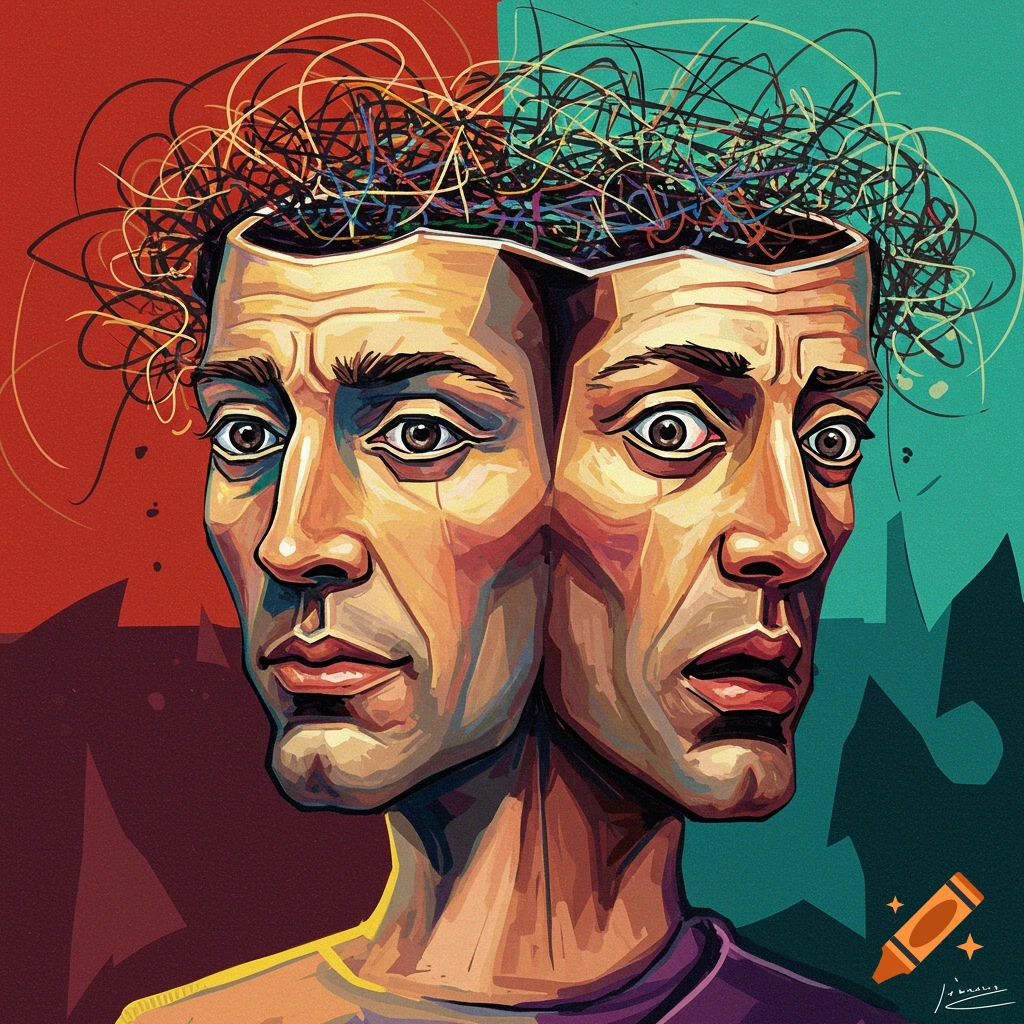 A two-faced abstract portrait of a man with scribbles representing turmoil in his head.