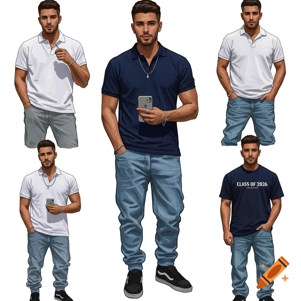 Multiple men in various casual fashion outfits.