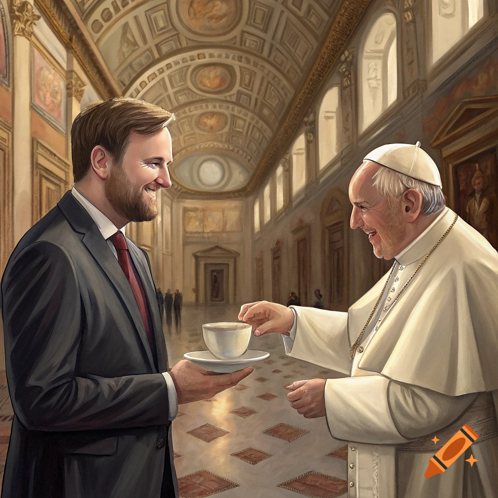 A man in a suit offers a cup of tea to the Pope in a grand hall.