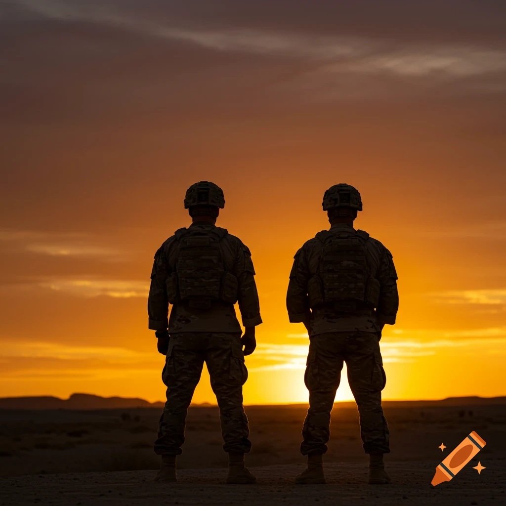 Two soldiers stand looking at a desert sunset.