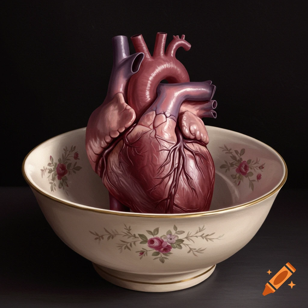 A realistic human heart in a floral porcelain bowl.