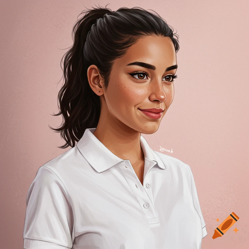 Image of a woman with dark hair tied back, wearing a white polo shirt.