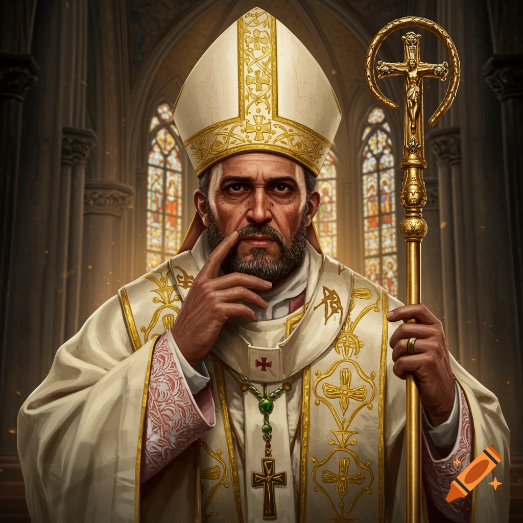 A person in papal robes holds a crucifix staff in a cathedral.