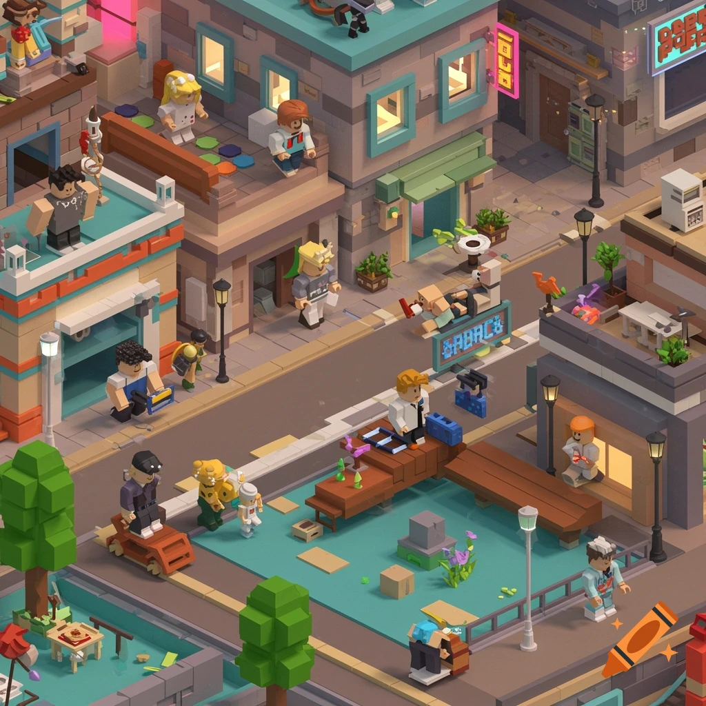 Isometric view of a colorful blocky cityscape with cartoonish characters
