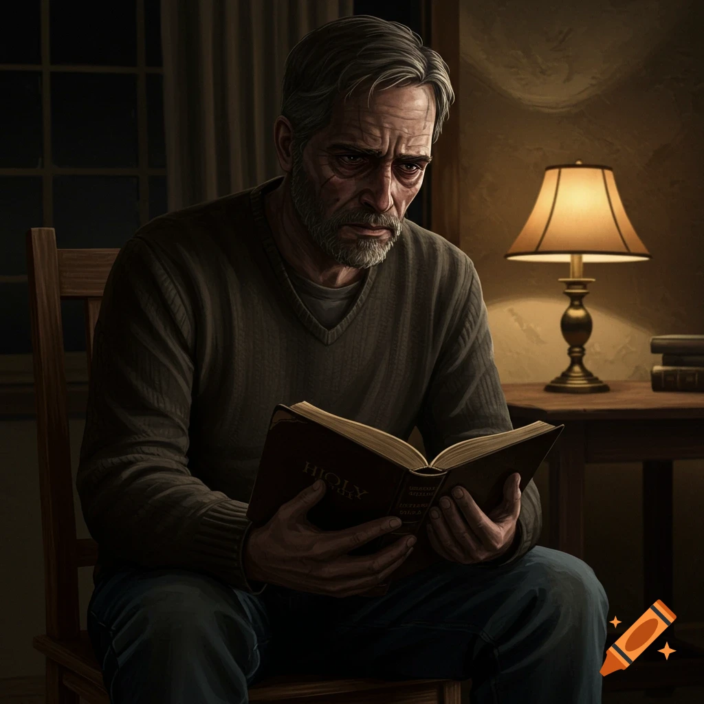 An unhappy-looking man reading a book under lamp light.