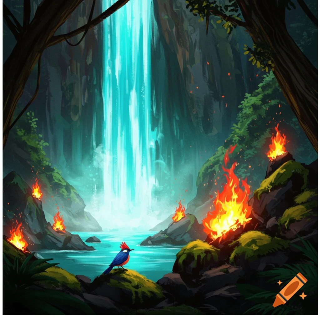 A bird is depicted perched near a large waterfall, with fires burning on the nearby rocks.