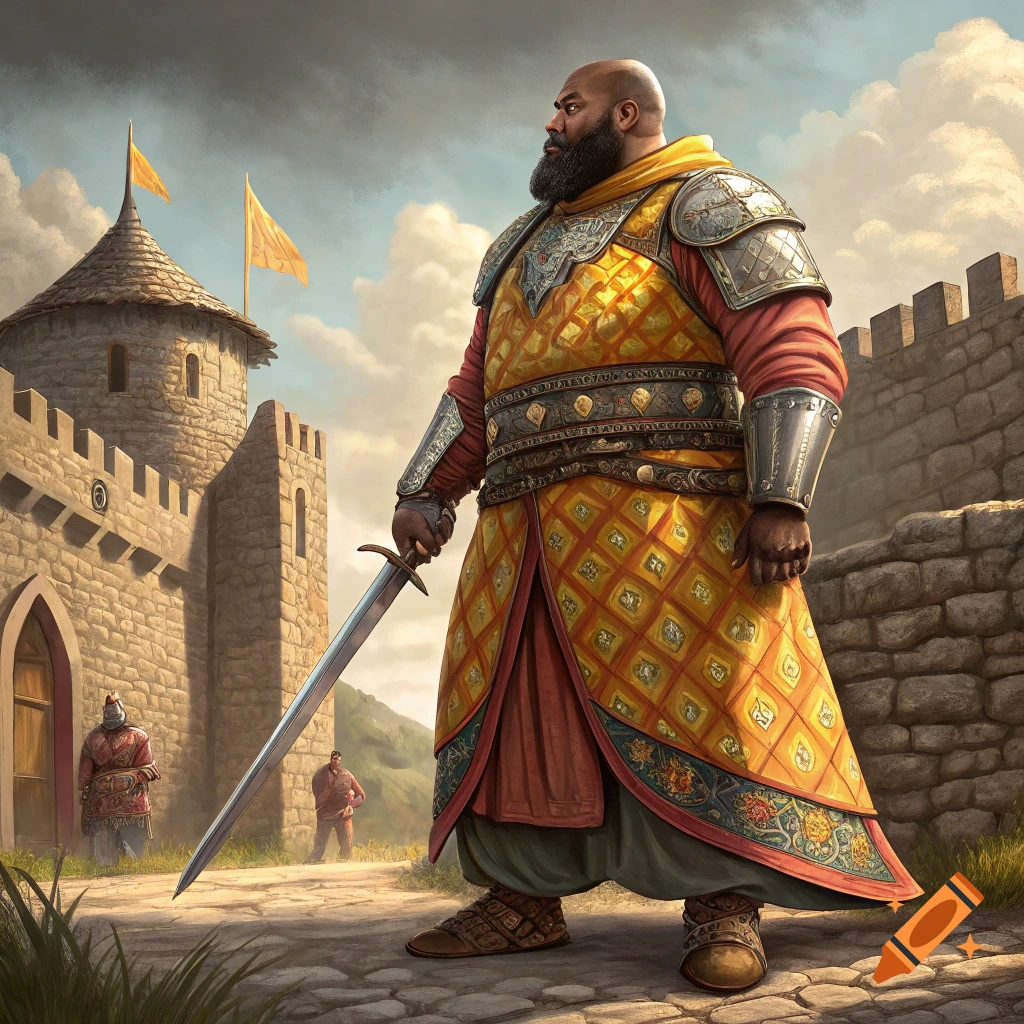 A large warrior in ornate gold armor stands holding a sword in front of a castle under a cloudy sky.