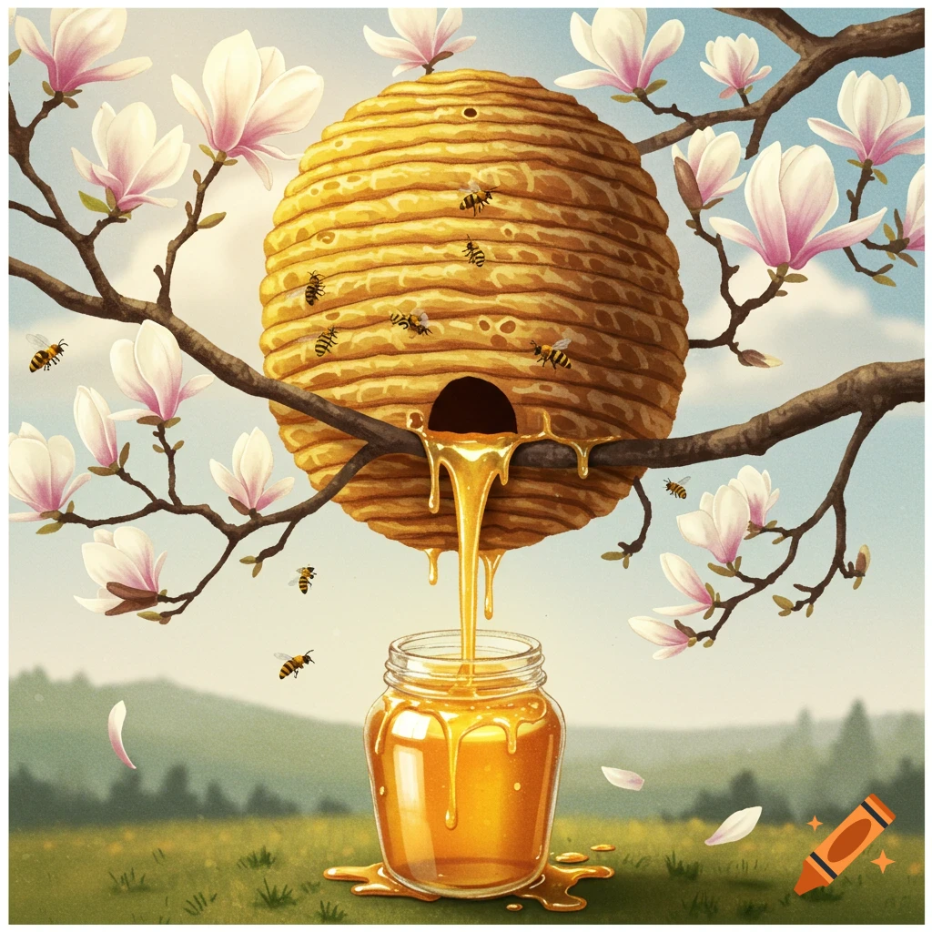 A beehive on a tree branch dripping honey into a jar, surrounded by bees and magnolia flowers.