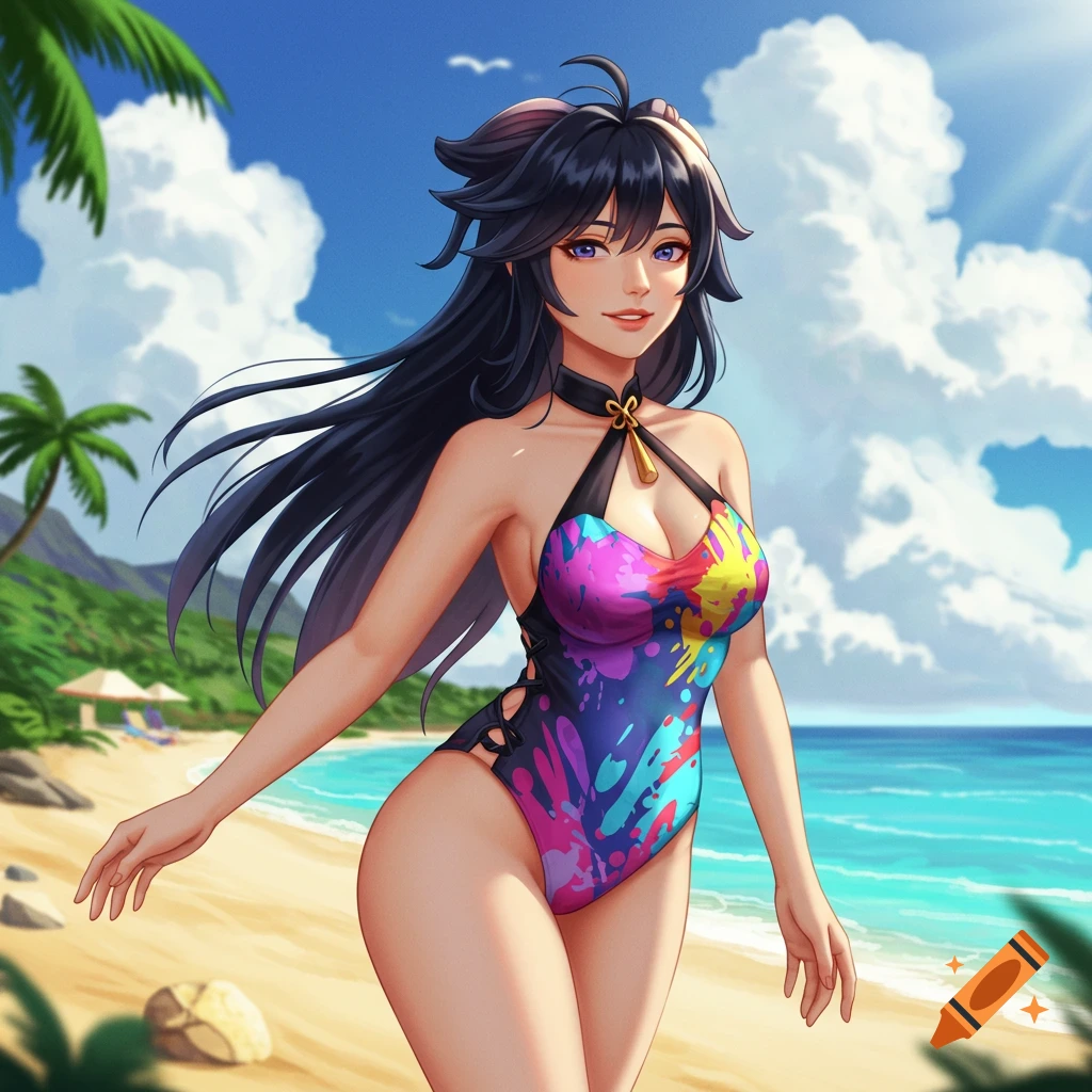 An anime woman in a colorful swimsuit standing on a beach