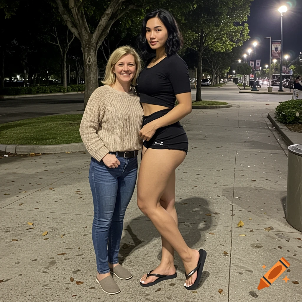 Two women stand on a sidewalk at night with trees and streetlights in the background.