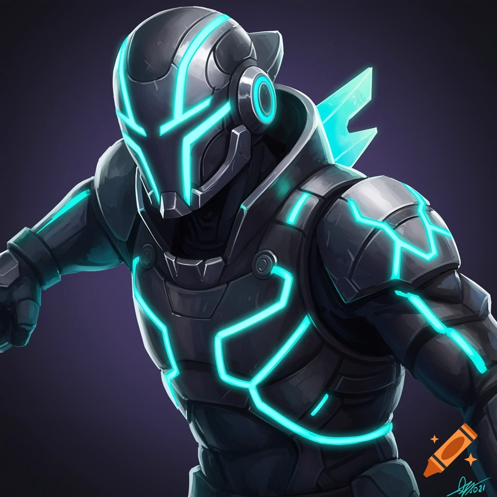 A close-up image of a person in futuristic dark armor with glowing blue neon lines.