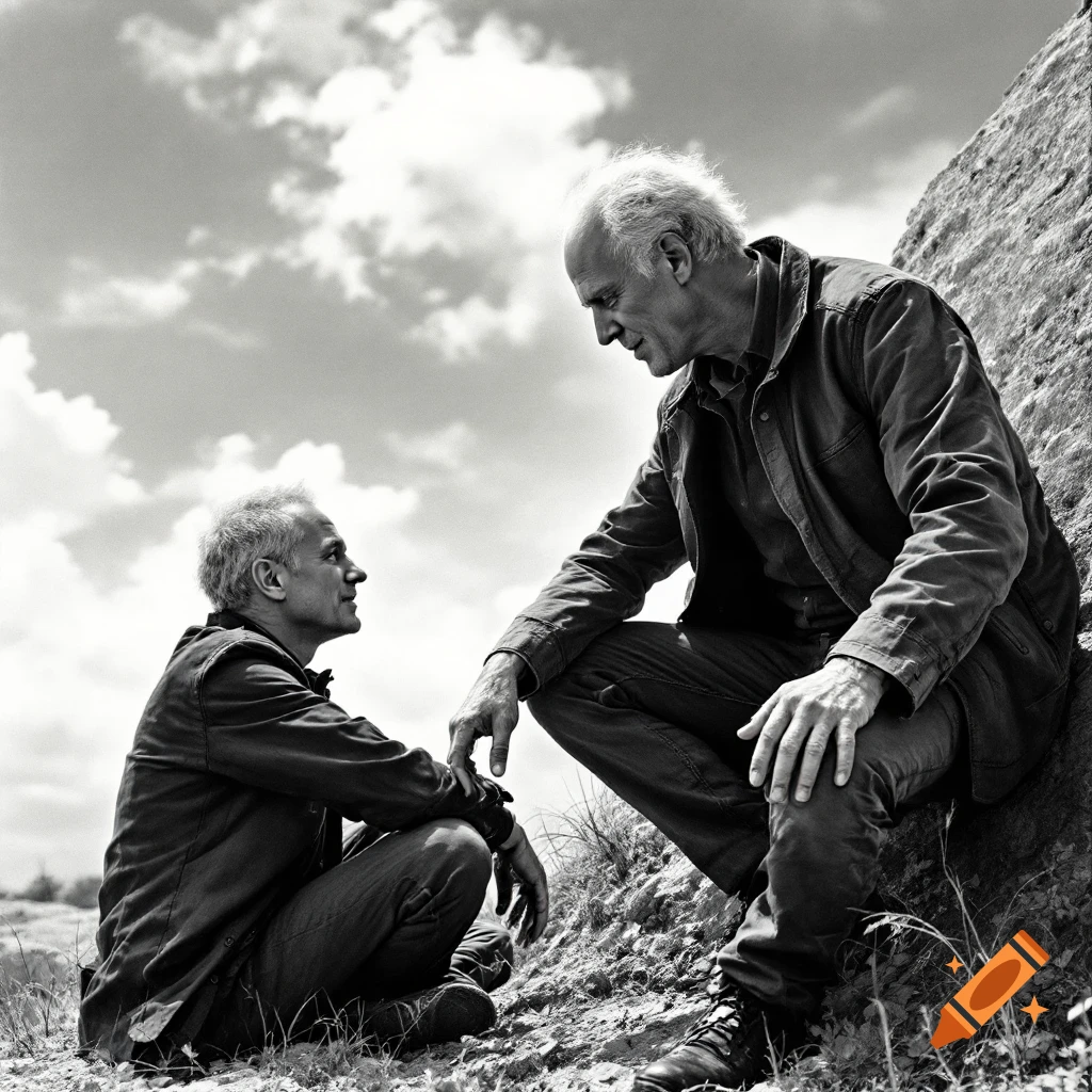 Two men talking outdoors, one sitting and one standing, in black and white.