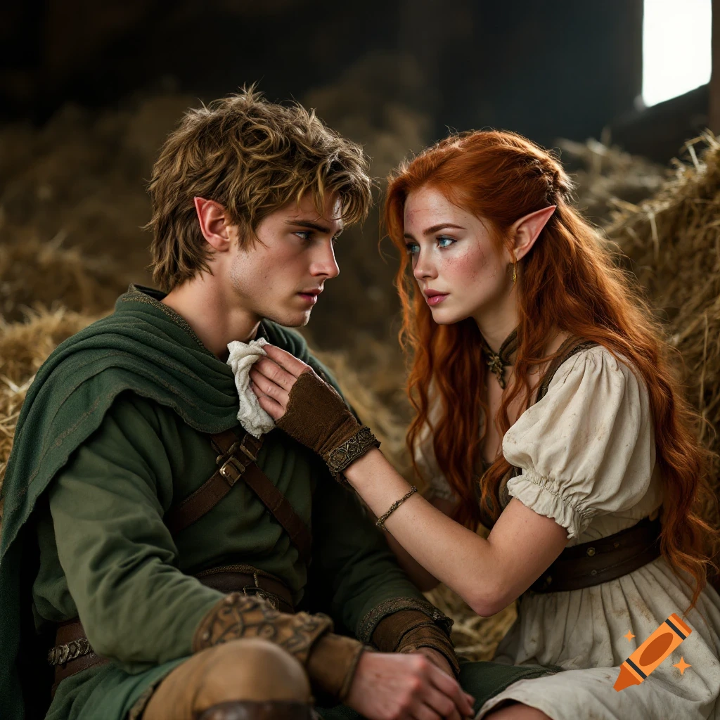 Fantasy scene of two young people with pointed ears in a barn, one tending to the other.