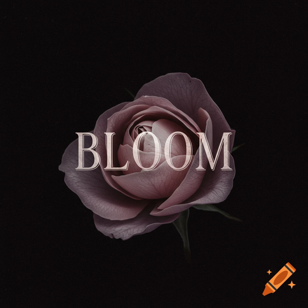 A pink rose is centered on a black background, with the word BLOOM in faded lettering behind it.