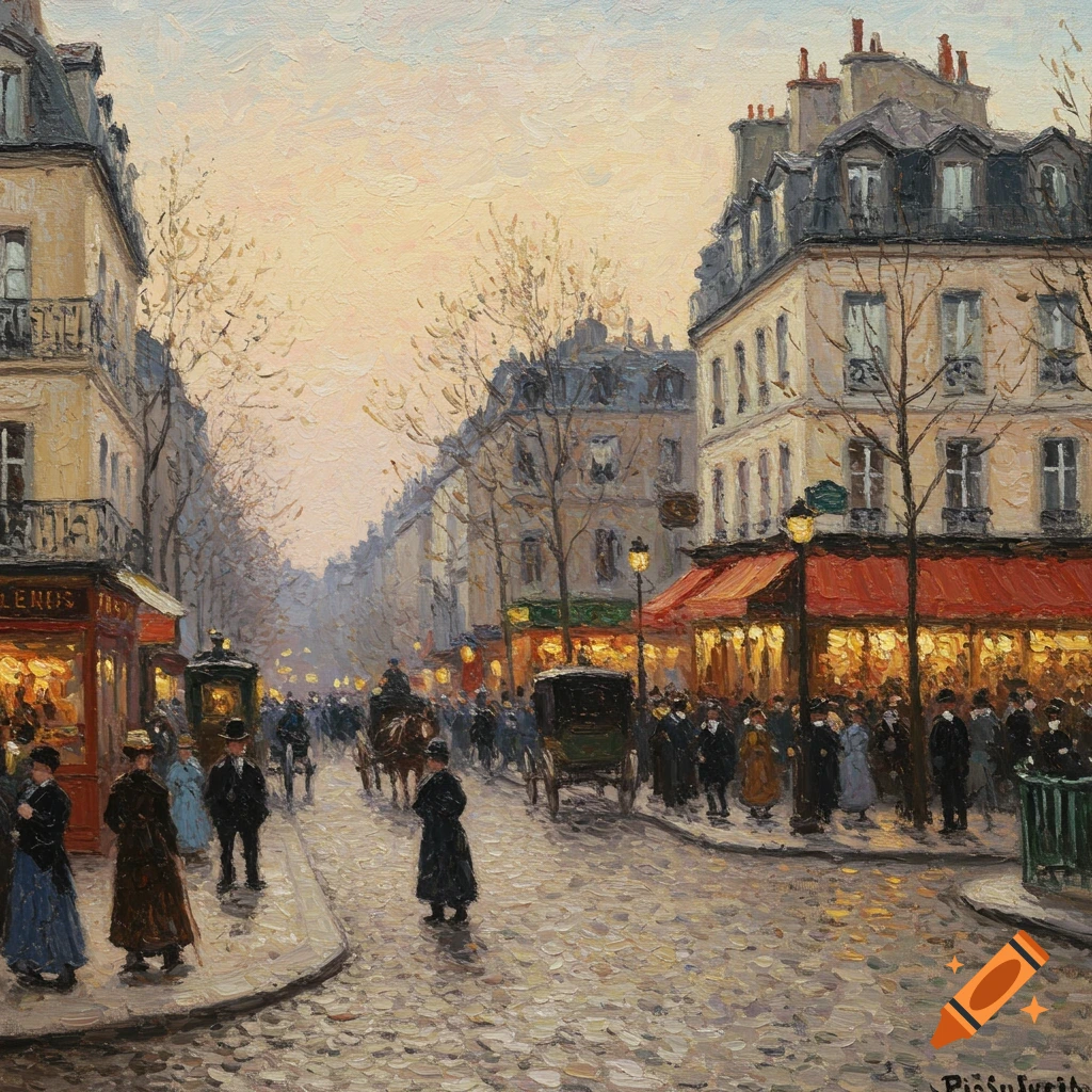 Impressionist painting of a busy street scene in a European city with people, carriages, and buildings.