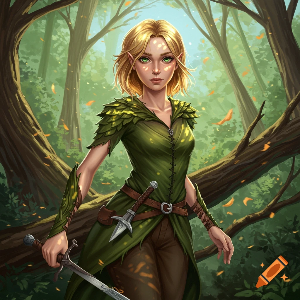 A blonde elf with a sword stands in a sunlit forest.