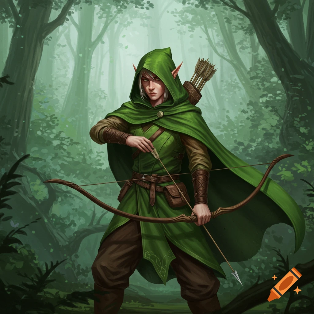 An elf ranger with a bow in a forest.