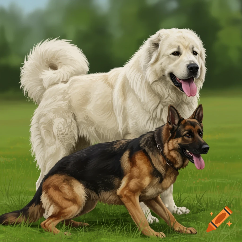 A white dog and a German Shepherd standing in a grassy field.