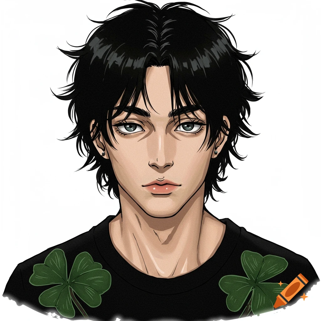 Anime portrait of a young man with black spiky hair wearing a black shirt with green clovers.
