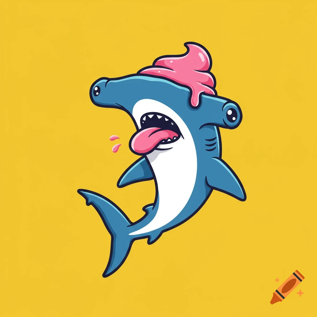 Cartoon hammerhead shark with melting pink ice cream on its head against a yellow background.