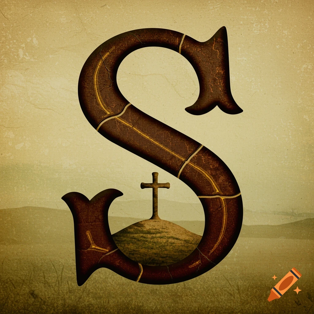 A large, ornate brown letter S with a cross on a hill visible inside the bottom curve, set against a textured landscape background.