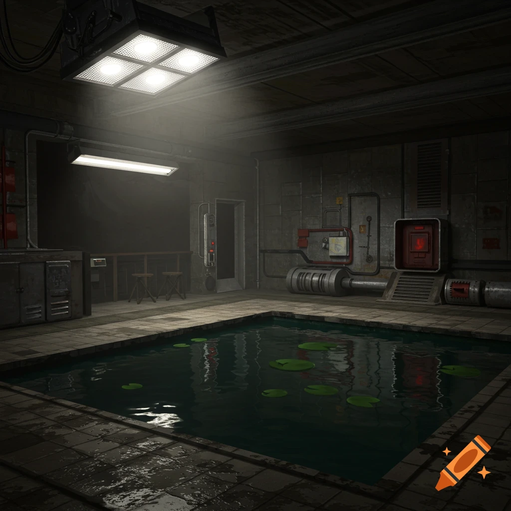 A dimly lit industrial room with a square pool in the foreground, featuring lily pads and reflections from overhead lights.