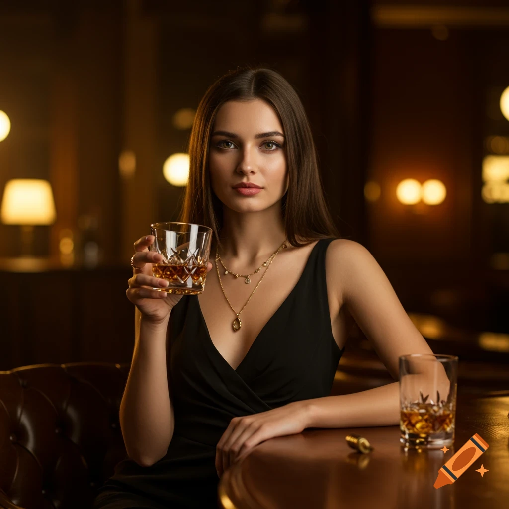 A woman in a black dress sitting at a bar with a glass of whiskey