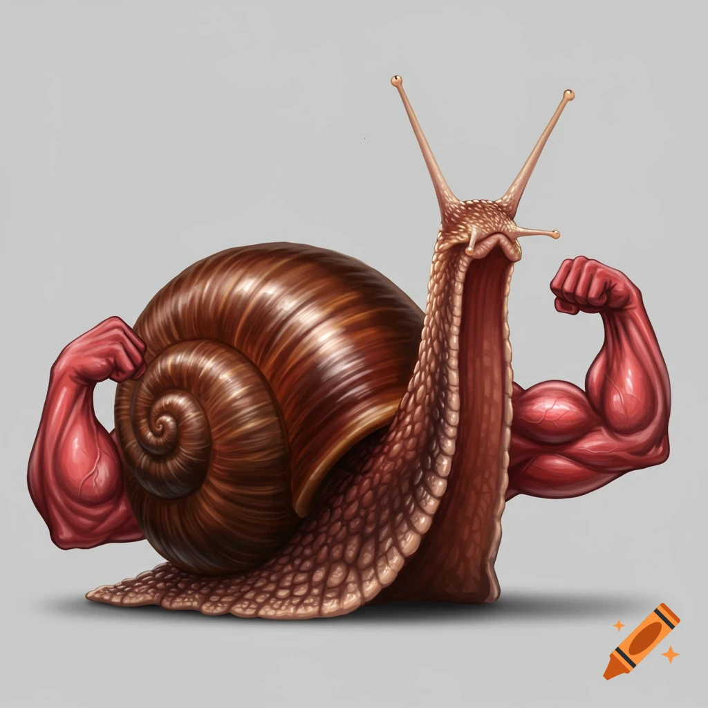 A snail with human-like muscular arms.
